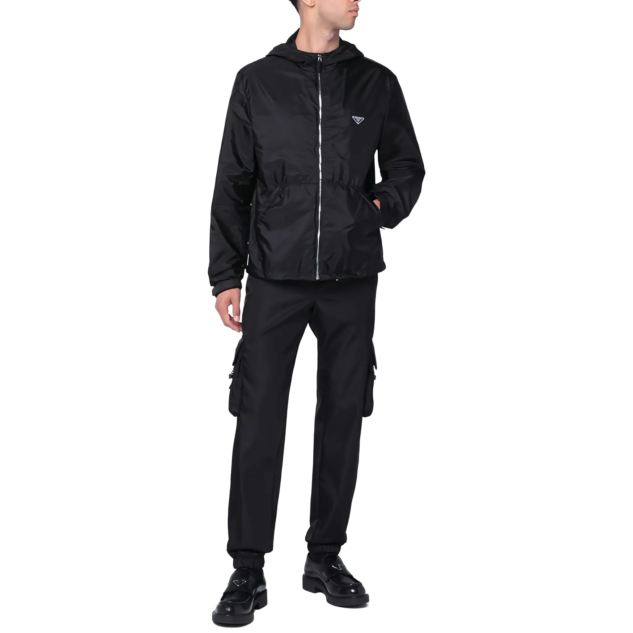 Model Front View of Prada Nylon Cuffed Straight Leg Black Cargo Pants SPH130S2111WQ8